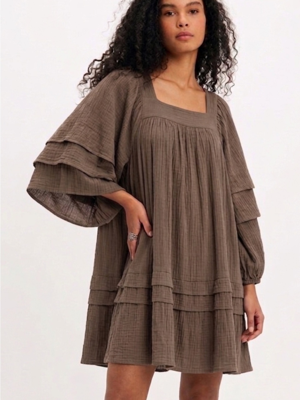 NWT By Together Pleated Babydoll Dress Size Small Brown Oversized Puff Sleeve